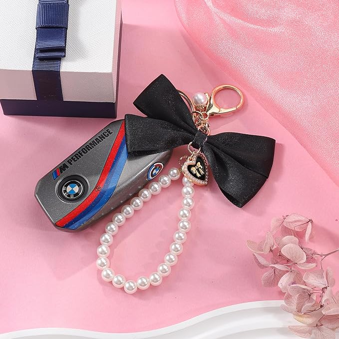 2Pcs Cute Bow Keychain for Women,Purse Charms Bow Bag Charms for Handbag, Pearl Keychain Accessories for Car