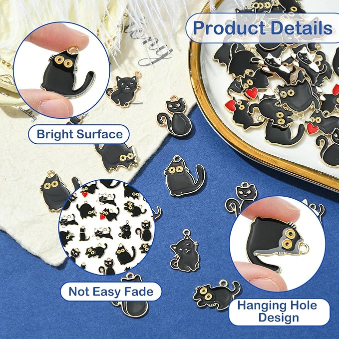 Stiesy 40 Pcs 8 Styles Enamel Black Cat Charms for Jewelry Making Kawaii Animal Kitten with Red Heart Dangle Charms Pendant Bulk for Crafting DIY Necklace Bracelet Earring Presents