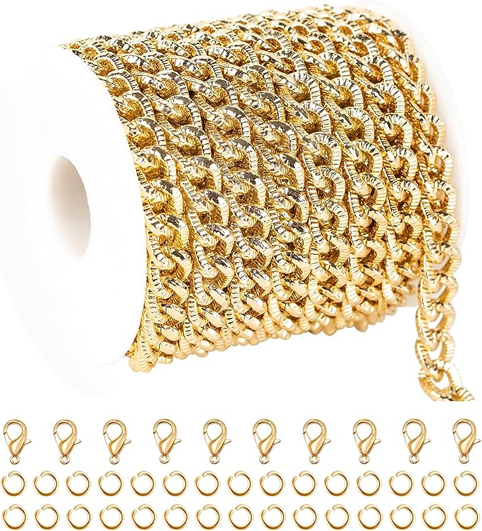 UMAOKANG 5 Meters Strong Cuban Chain for Jewelry Making Gold Plated Aluminum Necklace Bracelet Chains Bulk for Men and Women Embossed Cuban Link Chain