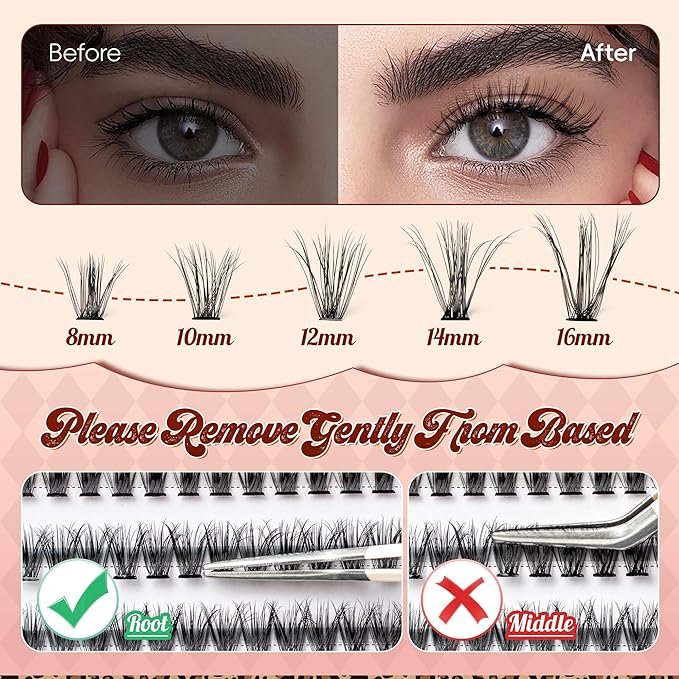 VYRILA Lash Clusters 0.05mm PBT Fiber Eyelash Clusters, 0.3mm Superfine Soft Band C Curl Diy Lash Extension, 160pcs 8-16mm Individual Lashes Clusters Like Eyelash Extensions (40P-C-8-16Mix)