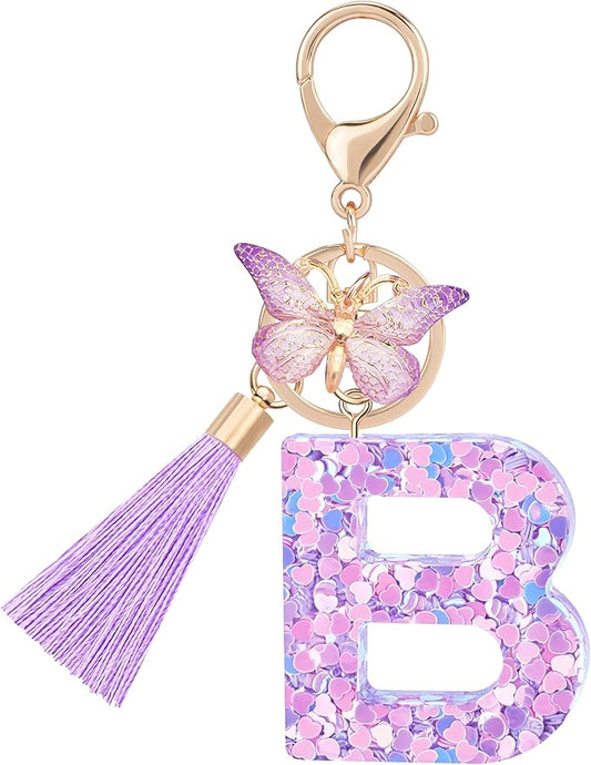 Initial letter Keychains for Women Girls Tassel Butterfly Cute Keychain for Wallet Backpack charm