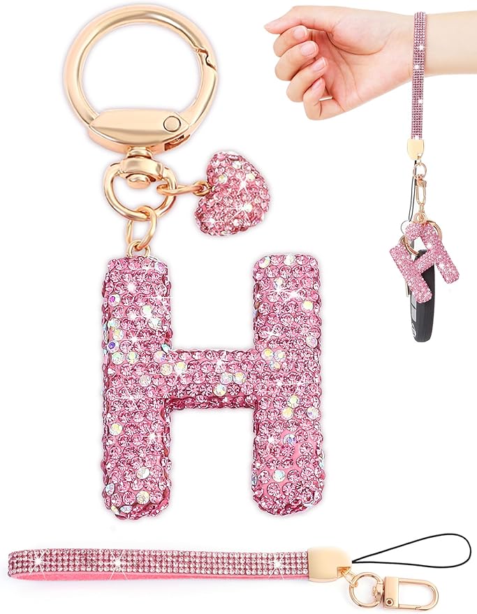 Initial Keychain for Women Girls,Bling Letter Key chain Initial with Heart,Pink Keychain Charms for Backpack Handbag