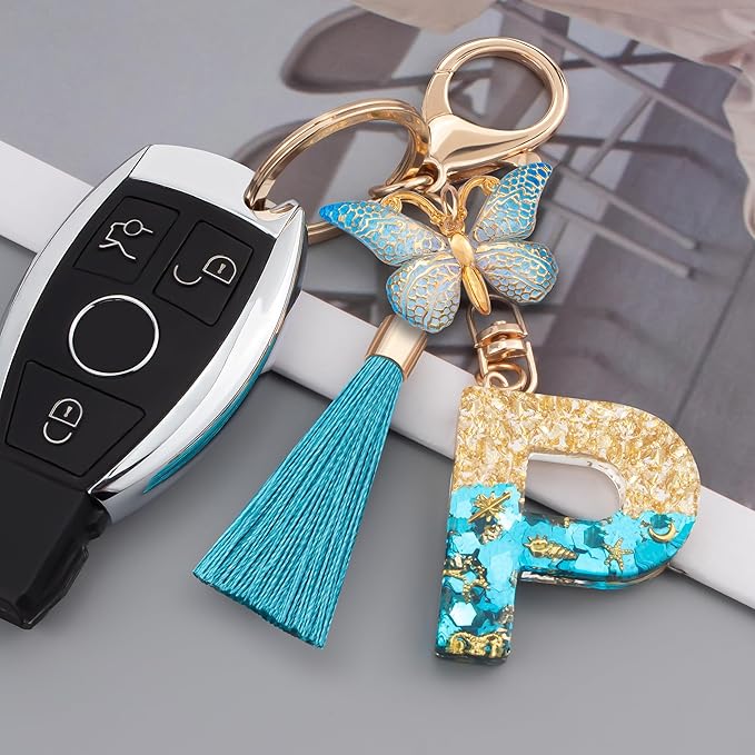 Suweibuke Cute Pink Key Chains for Women Girls, Initial Letter Keychains with Tassel, Charms for Key Purse Handbags Backpacks