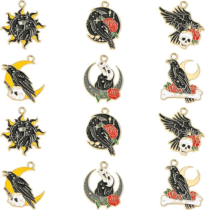 Stiesy 30 Pcs 6 Styles Gothic Black Crow Charms with Skull Sun Moon Enamel Raven with Red Rose Dangle Charm Pendant Bulk for Jewelry Making DIY Bracelet Crafting