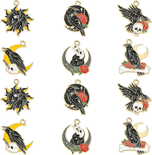 Stiesy 30 Pcs 6 Styles Gothic Black Crow Charms with Skull Sun Moon Enamel Raven with Red Rose Dangle Charm Pendant Bulk for Jewelry Making DIY Bracelet Crafting
