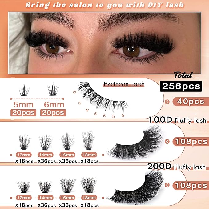 Focipeysa Lash Extension Kit Full Volume Eyelash Extension kit with Lash Bond and Seal Thick Lash Clusters DIY Lash Extensions Kit Wispy Individual Lashes 12-18mm DIY D-Curly Lash Extension