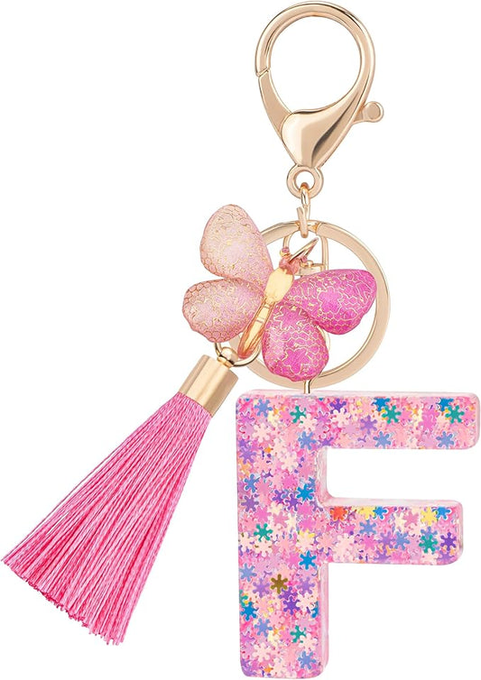 Suweibuke Cute Pink Key Chains for Women Girls, Initial Letter Keychains with Tassel, Charms for Key Purse Handbags Backpacks