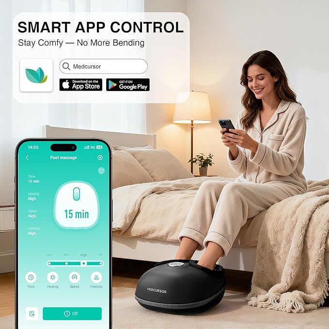 Medcursor Foot Massager with Heat [2026 Upgraded], Shiatsu Deep Kneading Machine, Multi Air Compression Intensity, Smart APP Mobile Remote Control, Feet Massage for Home and Office Use