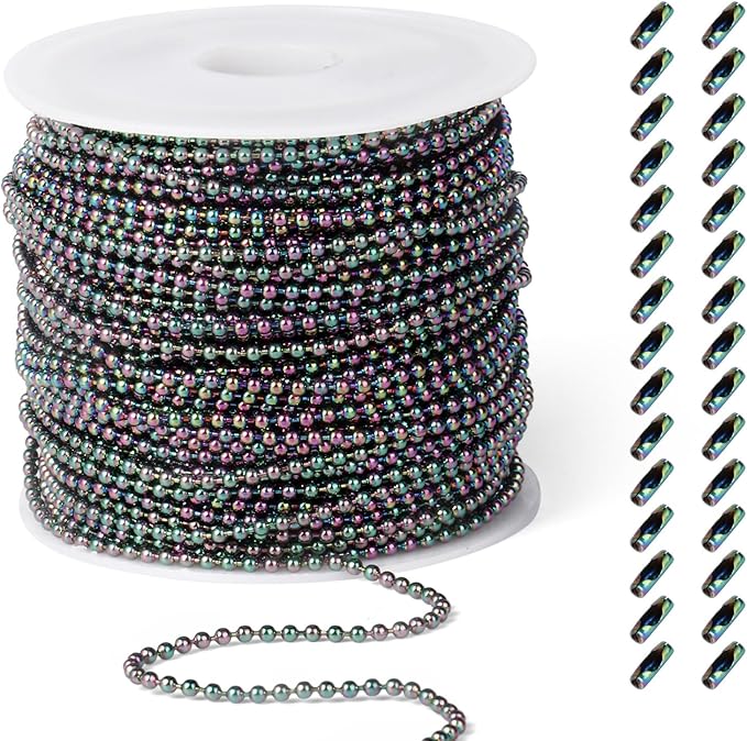 [50 Feet] Rainbow Stainless Steel Ball Bead Chains Roll, 1.5mm Width 304 Stainless Steel Ball Chains Spool with 30 PCS Connectors Bulk for Jewelry Making