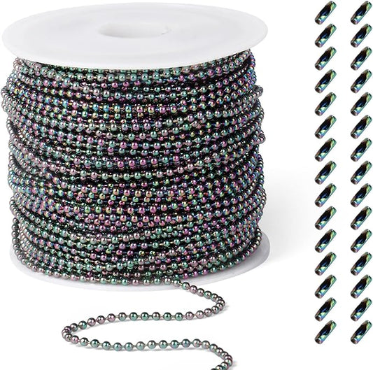 [50 Feet] Rainbow Stainless Steel Ball Bead Chains Roll, 1.5mm Width 304 Stainless Steel Ball Chains Spool with 30 PCS Connectors Bulk for Jewelry Making
