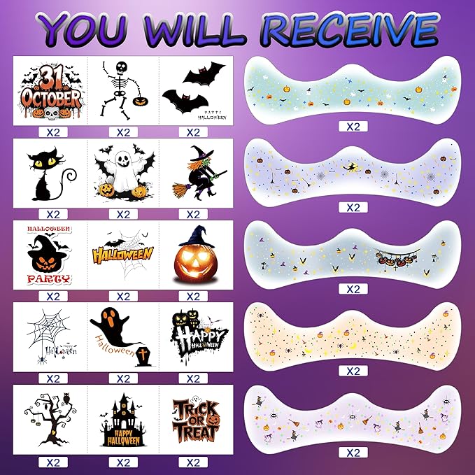 8 Pcs Halloween Face Gems Glitter Freckles Tattoos - Waterproof Face Jewels with Pumpkin Ghost Designs - Sparkling Face Makeup Stickers for Women, Kids, Party & Rave Supplies