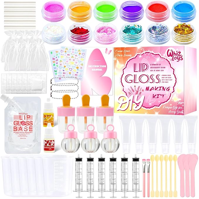 WhizToys DIY Lip Gloss Making Kit 74Pcs Beginner Make Your Own Makeup Kit with Squeeze Empty Tubes,Clear Base,Pigment,Birthday, Christmas Gift for Women