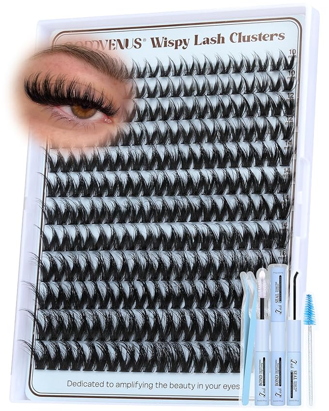 Goddvenus Fluffy Wispy Lash Clusters Kit Natural Eyelashes Clusters D Curl Cluster Eyelash Extensions Lightweight Individual Lashes DIY Eyelash Extension Kit with Waterproof Lash Cluster Glue