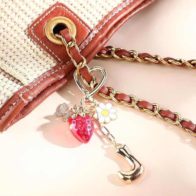 Strawberry Initial Keychain for Women-Cute Kawaii Gold Alphabet Bag Charms, Key chain Gift for Purse Handbag