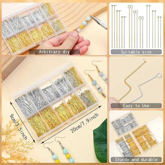 SONGIN 1085pcs Eye Pins and Flat Head Pins for Jewelry Making, Metal Eyepins, Headpins & Ball Head Pins for DIY Earrings, Necklaces, Bracelets, Pendants Jewelry Supplies, Gold & Silver