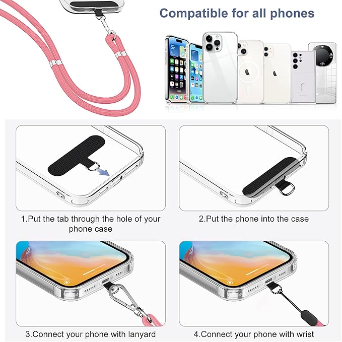 takyu 2 Pack Adjustable Cell Phone Lanyard & 2 Pack Phone Wrist Strap with Tether Tabs Compatible for iPhone Android Smartphones - Black Pink