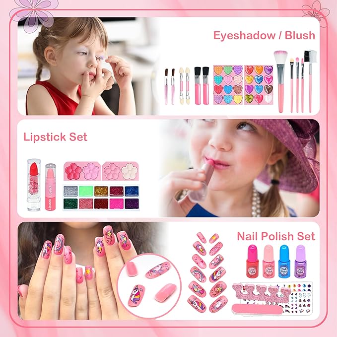 Kids Makeup Sets for Girls Toys - 74PCS Washable Makeup for Kids with Mirror, Real Dressing Table with Stand, Princess Play Makeup Kit Perfect for 3 4 5 6 7 8-12 Year Old Girls Birthday & Christmas
