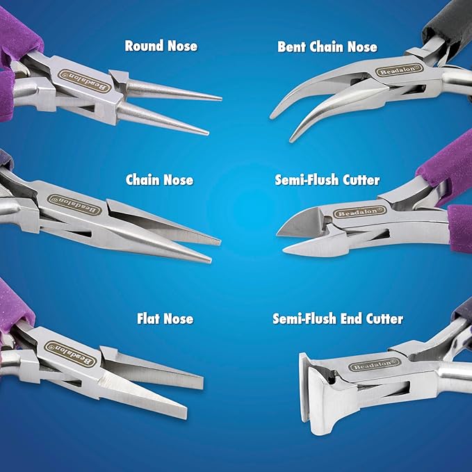 Beadalon Designer Series Pliers Kit, Purple Vinyl-Free Grips, Chain Nose, Bent Chain Nose, Round Nose, Semi-Flush Cutter, 4.75 in each, 4 pc with Zip Pouch