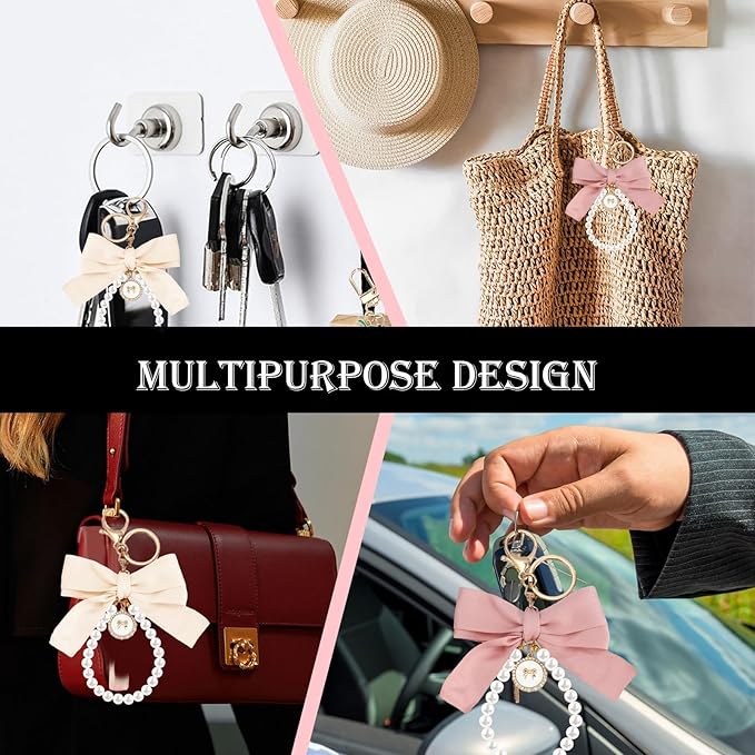 SMUOBT 2Pcs Cute Bow Keychain Wristlet for Women, Pearl Key Chains for Car Keys White Bowknot Keychain Accessories