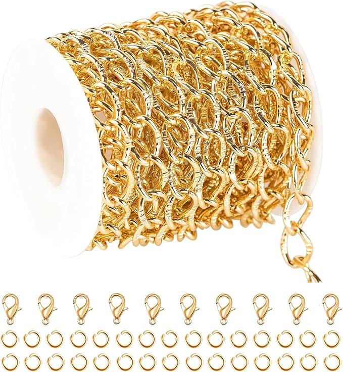 UMAOKANG 5 Meters Aluminum Chain for Jewelry Making Light Gold Plated Embossed Twisted Oval Link Chains Bulk with Jump Rings and Lobster Clasps