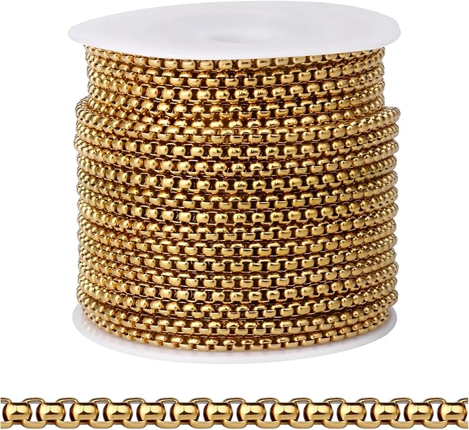 [33FT] 18K Gold Plated Rolo Box Chains for Jewelry Making, 2.5mm Wide 304 Stainless Steel Rolo Link Chain Roll Bulk for DIY Jewelry Making Craft