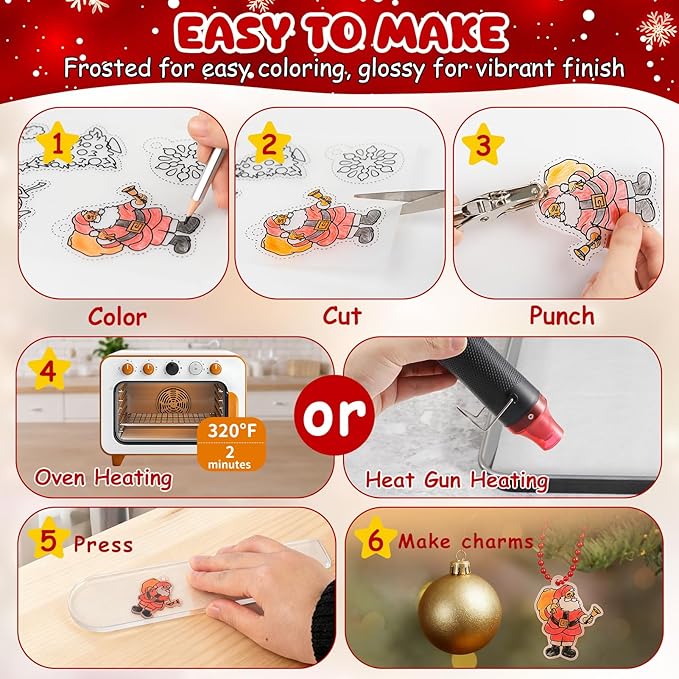74PCS Shrink Dink Sheets Keychain Kit, Christmas Theme Ornaments Gifts Shrink Plastic Sheets with 6PCS 7.9"x5.7" Pre-Printed Shrinking Film Art Paper for Kids DIY Crafts, Perfect Stocking Stuffer
