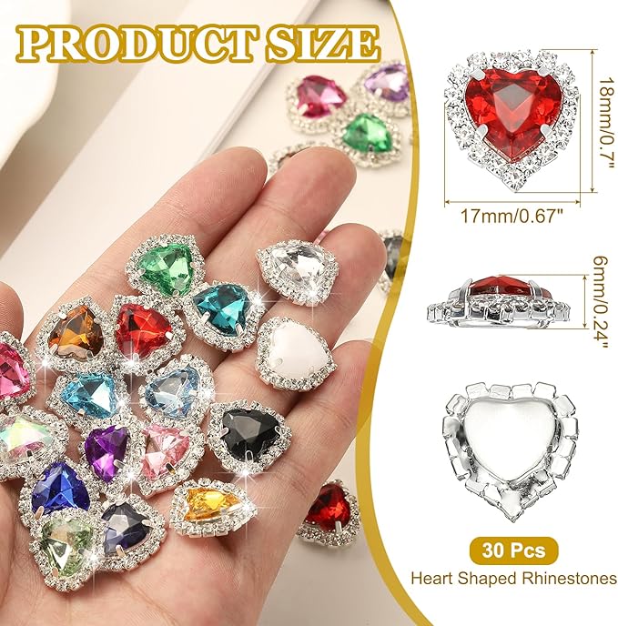 PATIKIL 30PCS Heart Rhinestones, Sew on Rhinestones Buttons Crystal Heart Nail Charm Embellishment Flatback Diamond for Sewing DIY Clothing Wedding, Red