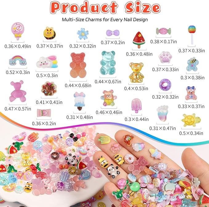 300PCS Kawaii Nail Charms Kit, 3D Animal & Candy Resin Charms for Acrylic Nails, Cute Bear Bee Fruit Nail Art Supplies with Tweezers for DIY Crafts & Shoe Decor