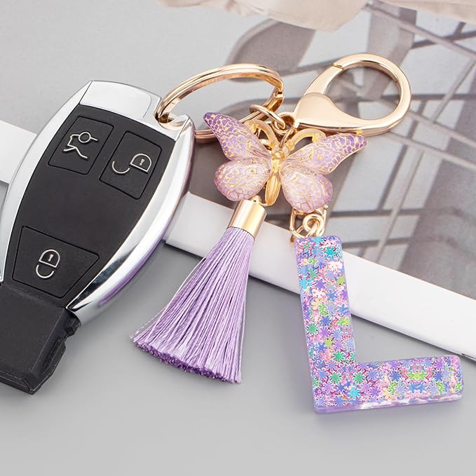 Suweibuke Cute Pink Key Chains for Women Girls, Initial Letter Keychains with Tassel, Charms for Key Purse Handbags Backpacks