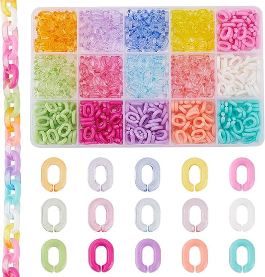 CHGCRAFT 600Pcs 15 Styles Transparent Opaque Acrylic Linking Rings Oval Quick Link Connectors for Earring Necklace Jewelry Eyeglass Chain DIY Craft Making