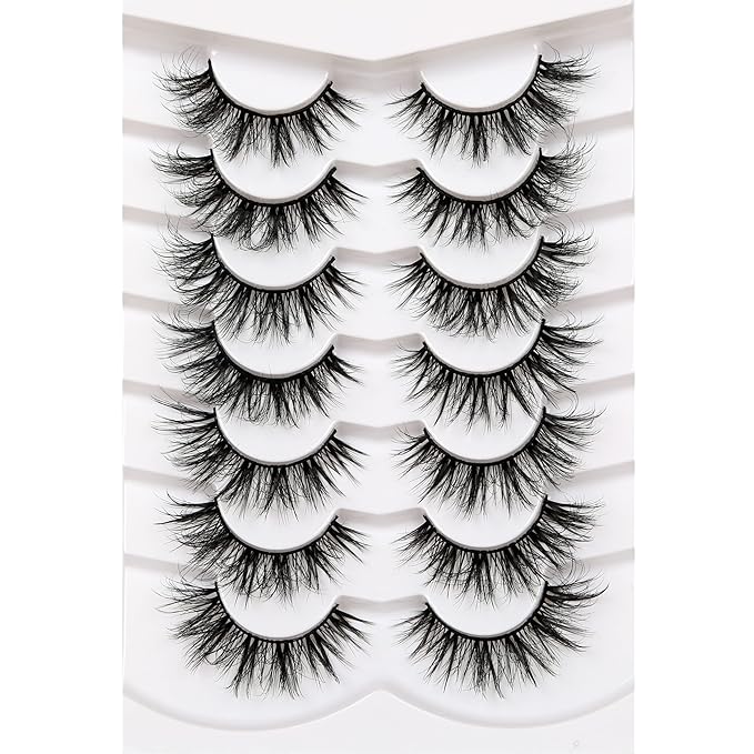 Pooplunch False Eyelashes Wispy Mink Lashes Cat Eye Natural Crossed Cluster Look 8D Volume Fake Eyelash Strips Faux Mink Lashes 7 Pairs Pack
