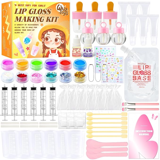 WhizToys DIY Lip Gloss Making Kit,Make Your Own Lip Glosses Set,10-12 Teen Girl Gifts for Makeup Lover Beginner,Tween Girls Trendy Stuff,200ml Lipgloss Base