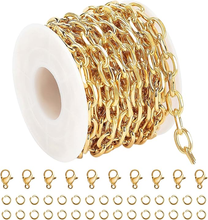UMAOKANG 16.4 Feet Gold Plated Chain for Jewelry Making, Stainless Steel Cable Necklace Chains Bulk with Jump Rings and Lobster Clasps Jewelry Supplies