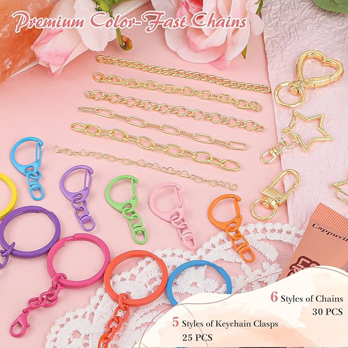 Ecoofor 451 Pcs Keychain Making Kit — Includes 25 Keychain Clips, 30 Extender Chains, 162 Charms, Beading Accessories, Jewelry Pliers — DIY Bag Charms & Jewelry Craft Kit Supplies