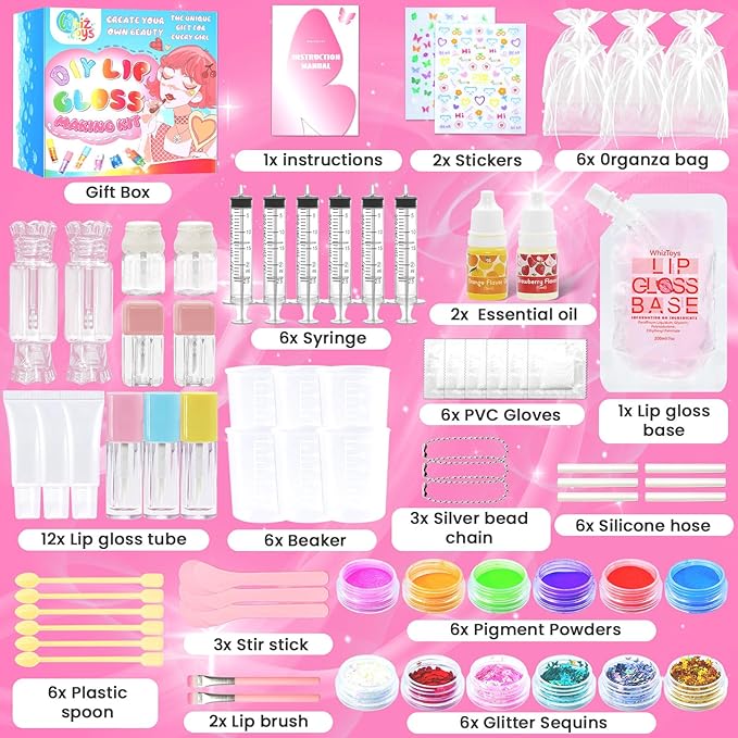 WhizToys 74PCS DIY Lip Gloss Making Kit，Make Your Own Lip Glosses Set Moisturizing Lip Glaze Handmade Glittery Set for Makeup Lover Beginner Teen Girl Gifts，200ml Lipgloss Base