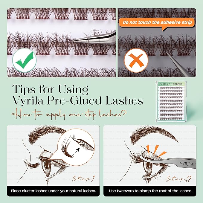 VYRILA Brown Self-Adhesive Lash Cluster Kit, Pre-Glued Clusters with Tweezers, Pop-On Faux Eyelashes, 3D Thin Band D Curl Natural Lahses, Easy to Apply, Reusable 0.05mm Eyelash Extensions (Hush-Brown)