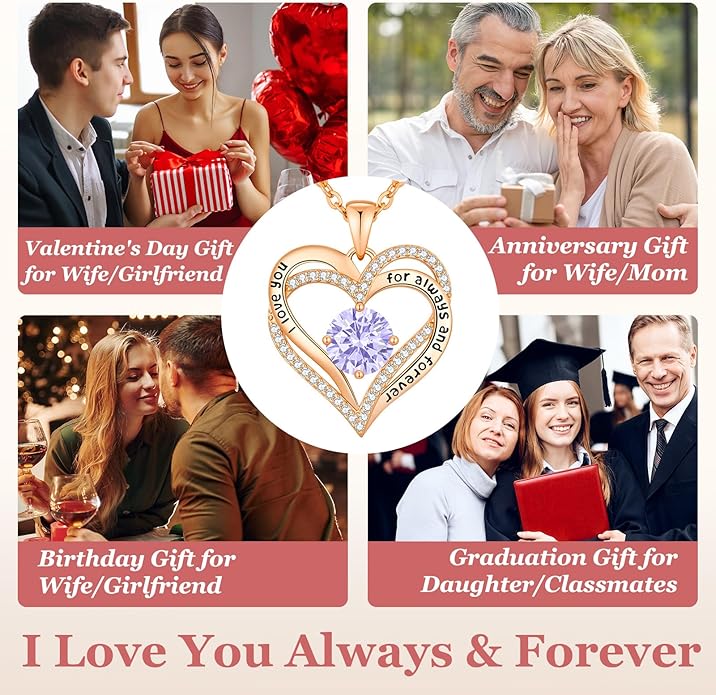 CDE Forever Love Heart Necklaces for Women, Wedding Anniversary, Birthday Mothers Day Christmas Day Gifts for Mom, Mother, Wife, friend, S925 Silver Jewelry with Birthstone Pendant