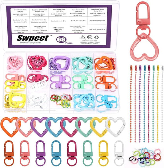 Swpeet 68Pcs 8Colors Swivel Lobster Claw Clasps with Heart Shaped Keychain Clips, Open Jump Rings and Ball Chains Assortment Kit, Metal Carabiner Keychain Clip for Connecting and DIY Craft Making