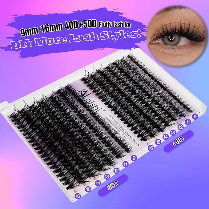 AILAISHI Lash Clusters Kit, DIY Cluster Eyelash Extensions 9‑16mm, 40D+50D, 280pcs Fluffy D Curl Natural Lashes with Bond & Seal,Tweezers–Fake Cat Eye Wispy Individual Clusters