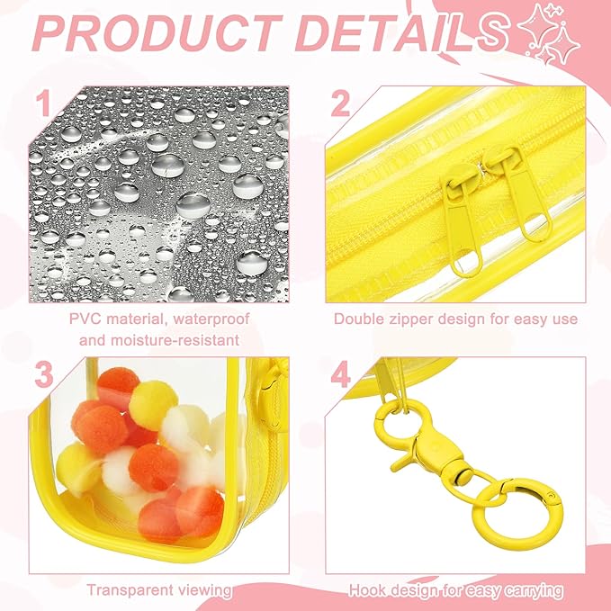 uxcell 4 Inch Clear Figure Display Bag, Mini Clear Pouch Waterproof Coin Pouch with Keychain and Pom Poms for Blind Box Doll Display (Oval, Yellow)
