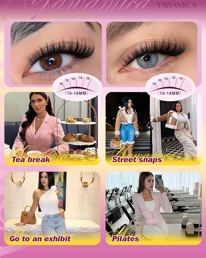Yawamica Wispy Lash Clusters Kit DIY Eyelash Extensions 10-16mm C Curl Individual Cluster Lashes for At-Home Salon Look, Reusable False Eyelashes Clusters with 2-in-1 Bond and Seal & Tweezers