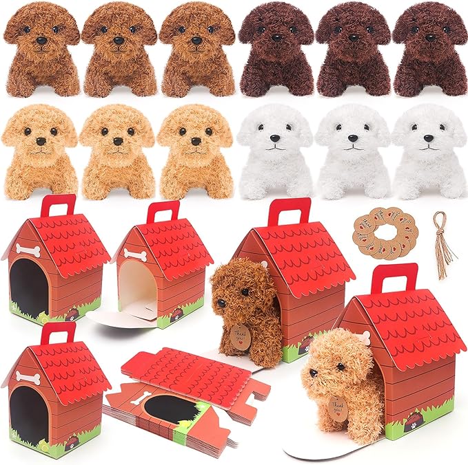 12 Pcs Mini Plush Puppy Stuffed Dogs with Keychain, Adopt A Pet Dog Party Favors Goodie Bags, Animals Bulk Gift Toys with Carton Dog House for Birthday Party Supplies