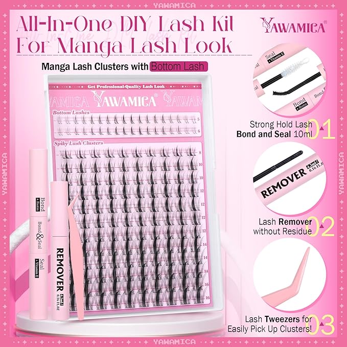 Yawamica Manga Lash Clusters Kit with Bottom Lashes DIY Eyelash Extension Kit Fairy Eyelash Clusters 8-16mm Individual Lashes Clusters Wispy Cluster Lashes with Bond and Seal Remover and Lash Tweezers