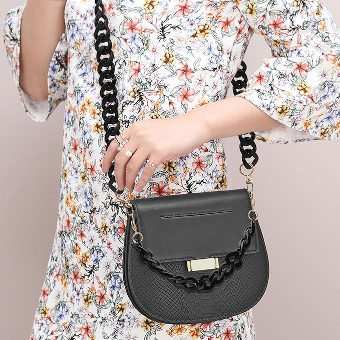 DaKuan 2 PCS Black Acrylic Flat Chain Strap for Handbag Replacement, DIY Bag Strap for Crossbody Clutch Craft (40cm & 120cm)