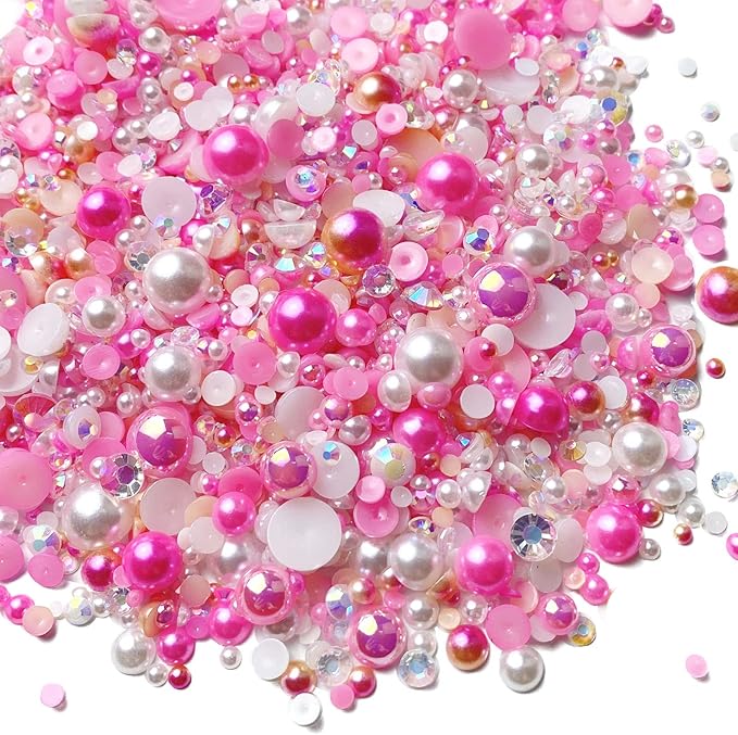 100g Mix Resin Rhinestones Flatback Half Round Pearls Mixed Size 3mm-10mm AB Color Half Pearls Resin Rhinestones for DIY Craft Nail Art Shoes Clothes Phone Case (Pink Series)
