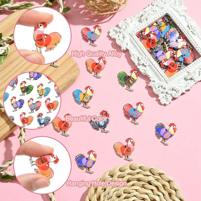 Stiesy 30 Pcs 6 Colors Enamel Cute Farm Animal Pendant Charm Colorful Printed Rooster Cock Dangle Charms Bulk for Jewelry Making DIY Necklace Bracelet Crafting