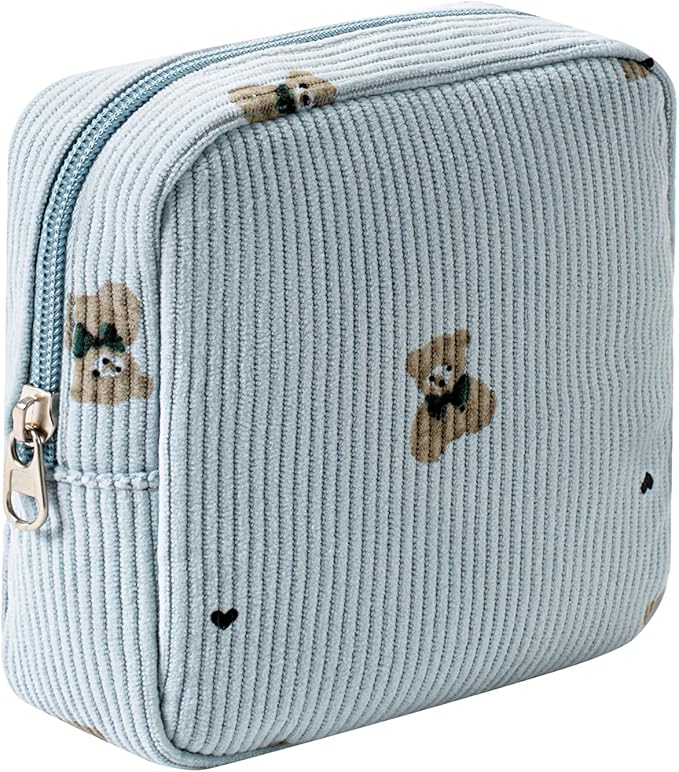 uekeboag Cute Small Corduroy Zipper Makeup Bag, Mini Coquette Aesthetic Pouch with Bear Pattern for for Purse,Key Pocket Lipstick Bag Card Holder Data Cable Organizer for Women Girls (03Blue Bear)