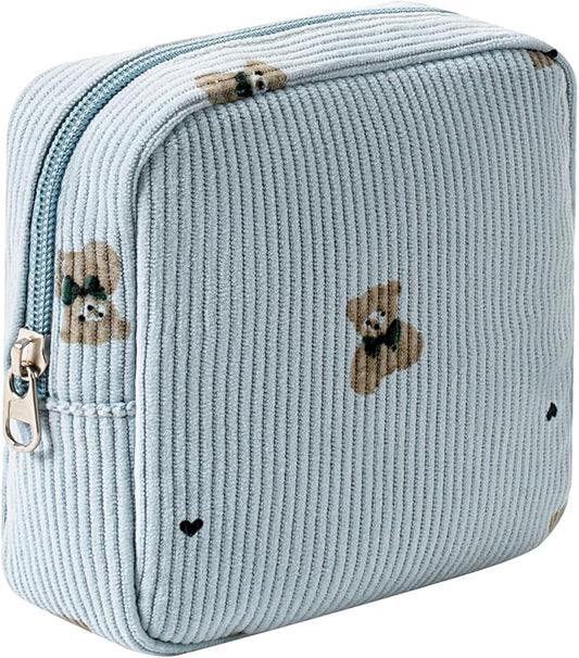 uekeboag Cute Small Corduroy Zipper Makeup Bag, Mini Coquette Aesthetic Pouch with Bear Pattern for for Purse,Key Pocket Lipstick Bag Card Holder Data Cable Organizer for Women Girls (03Blue Bear)