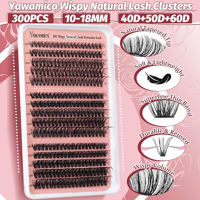Yawamica Lash Extension Kit Wispy Volume Lash Clusters 40D+50D+60D Individual Lashes 10-18mm Eyelash Extension Kit D Curly 300pcs Eyelash Clusters with Waterproof Lash Bond and Seal and Lash Tweezers