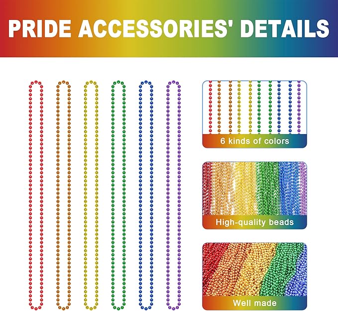 EOBOH 200PCS Pride Accessories, LGBTQ Pride Beads Necklace Accessories, 6 Kinds of Metallic Beads Necklace Bulk, Gay Lesbian Pride Necklace, Costumes Decor for Pride Month Parade Throws Party Favors
